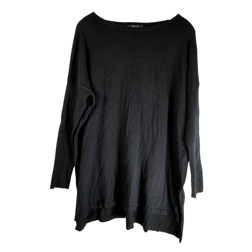 Style & Co Petite Black Tunic Sweater Ribbed Sleeve High-Low Hem PL